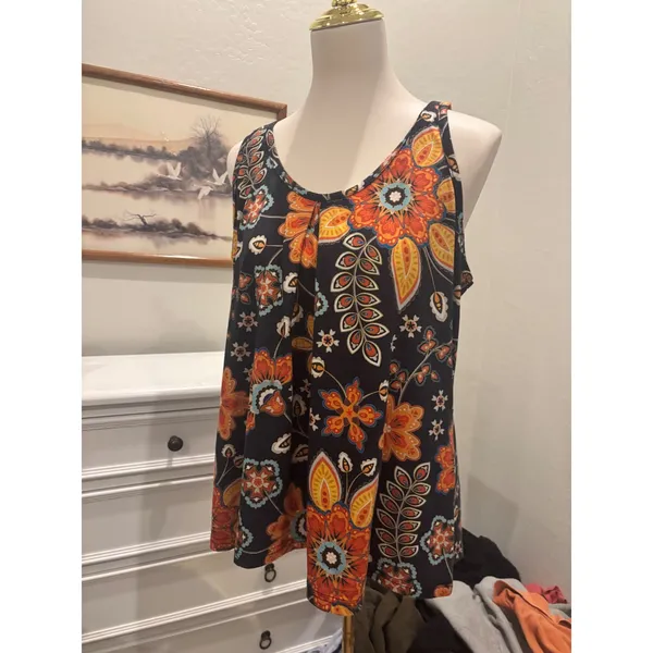 Floral Paisley Tank Top Romantic Hut Boho Sleeveless Pleated Scoop whimsy top - Image 3