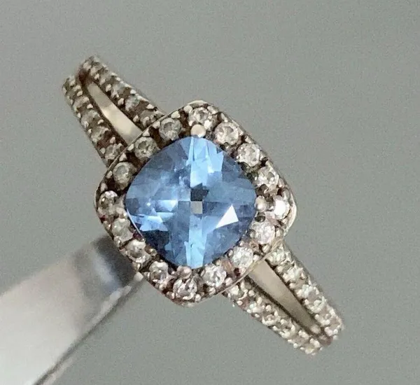 925 Sterling Silver Simulated London Blue Topaz Engagement Ring Signed AC TM - Image 2