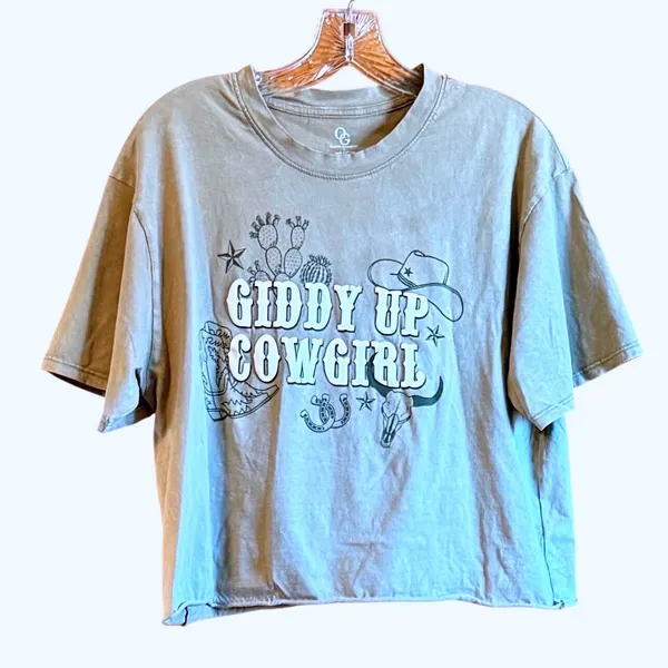 Organic Generation Size Large Cowgirl Giddy Up‎ Green T-Shirt Graphic Crop - Image 2