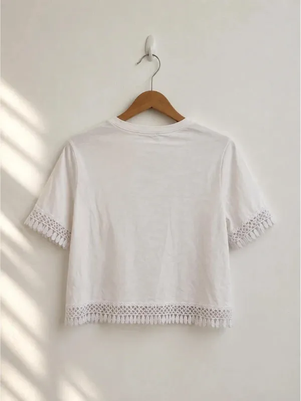 Forever 21 White Crochet Trim Crop Top | Boho Cotton Tee M - Image 2