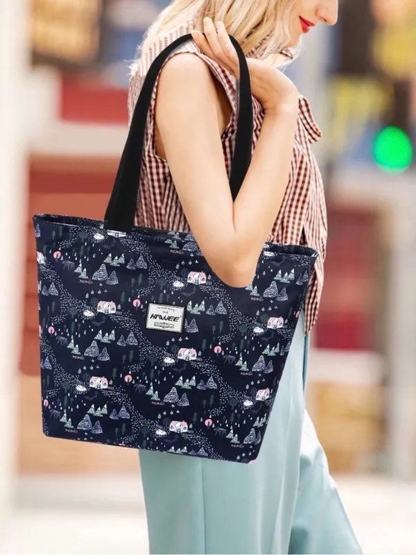 Waterproof Tote Bag Zip Top Multi Pocket Travel Work School Floral Navy - Image 4