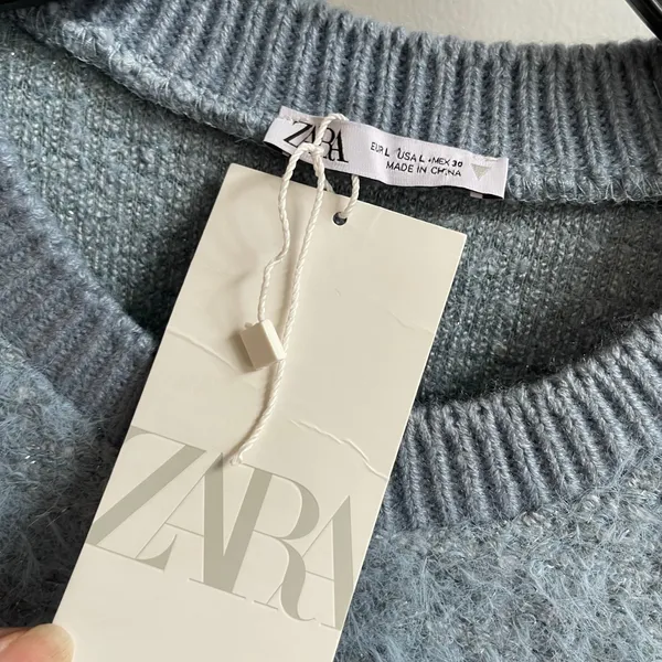 ZARA Fuzzy Knit Sweater Blue Long Bell Sleeves Cropped Top‎ Women's Large NWT - Image 5