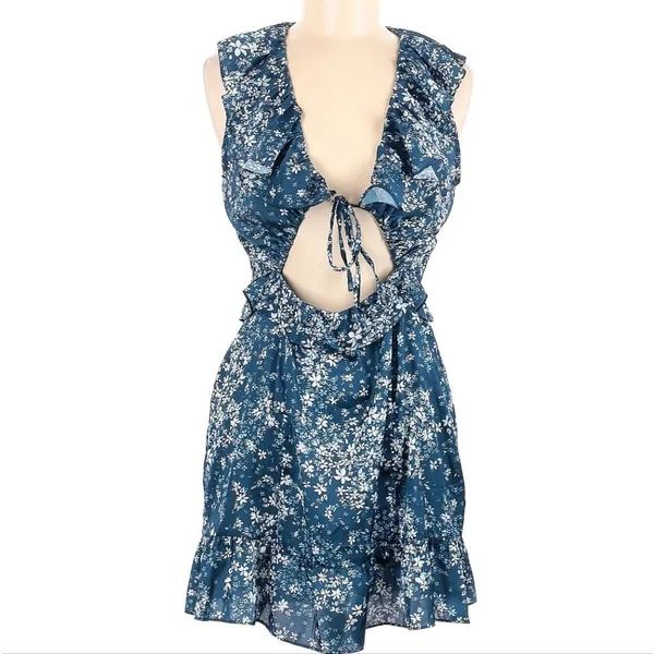 TULAROSA NWT Tanya Satin Blue Floral Cut-Out Ruffle Dress with Tie‎ front Medium - Image 3