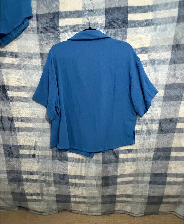 Haute Fox Blue Crinkle Short Sleeve Button-Up Shirt and Drawstring Shorts Set 2X - Image 5