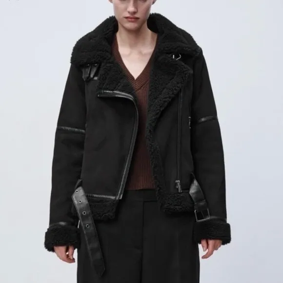 ZARA Women's Double Sided Jacket Faux Suede Shearling Moto Aviator Size Medium‎ - Image 13