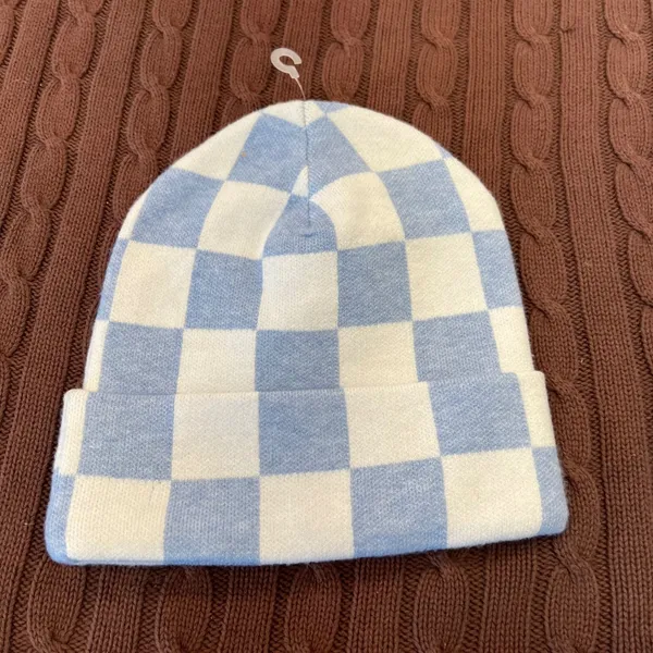 Checkered Smiley Face Beanie Light Blue White‎ Knit Cuff Hat RN 75343 One Size - Image 2