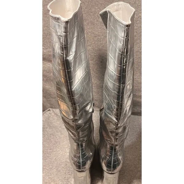 Womens Silver Crocodile Embossed Knee High Boots Pointed Toe‎ Block Heel - Image 6
