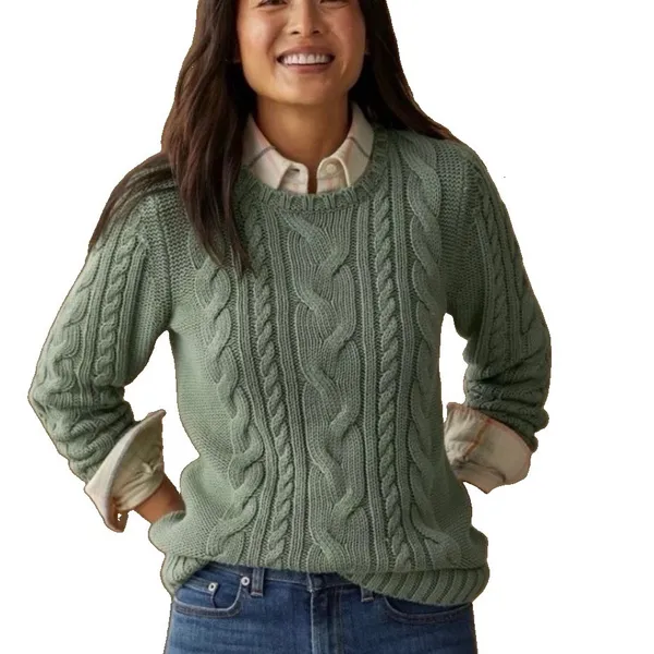 LL Bean Sage Green Double L Mixed Cable Crew Neck Pullover Cotton Sweater XS - Image 2