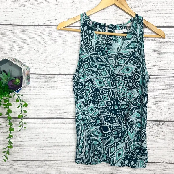New York & Company Teal Blue Tribal Print Halter Top Wrap Blouse Size Medium - Image 14
