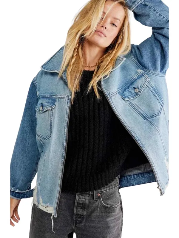 Free People We The Free Your Dad's Distressed Denim Jean Jacket Women's Medium - Image 4