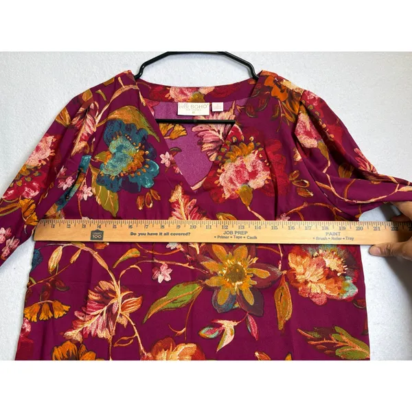 Belle Boho Kim Gravel Burgundy Floral V-Neck Blouse Long Sleeve S - Image 7