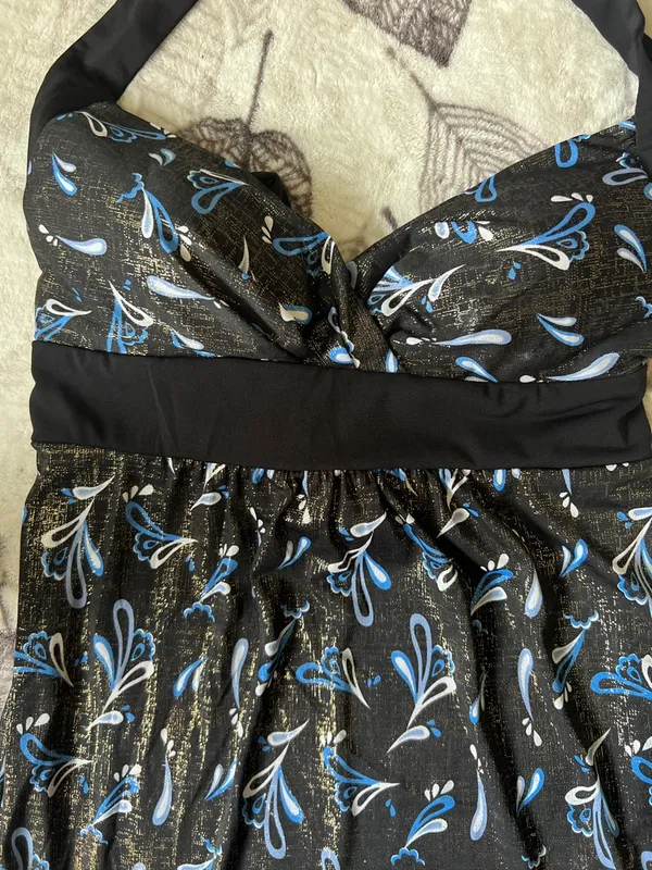 Y2k vintage blusón Black Halter Neck Print Dress with Blue Accents - Image 8