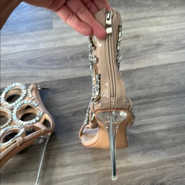 Azelia Wang Tan Stiletto Sandals 9 Nude Embellished PUT A RING ON IT Sexy Heels - Image 13