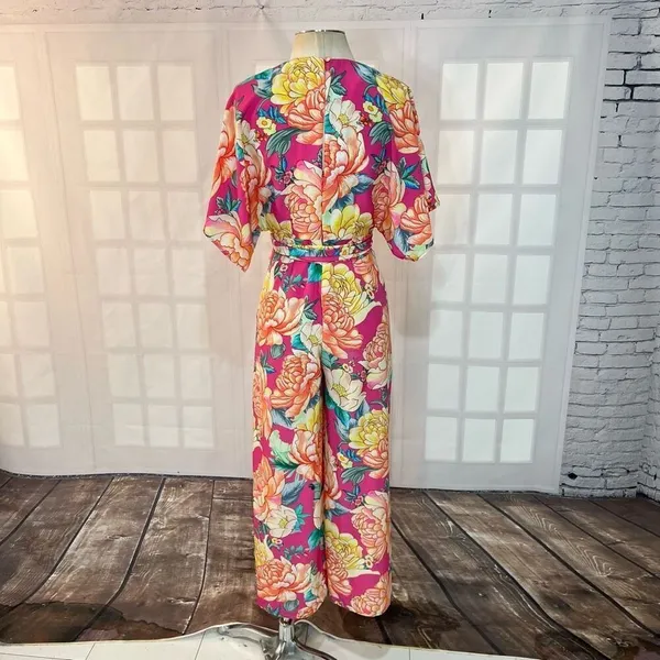 Farm Rio Anthropologie Eulalie pink floral Wide-Leg Jumpsuit size XS - Image 9