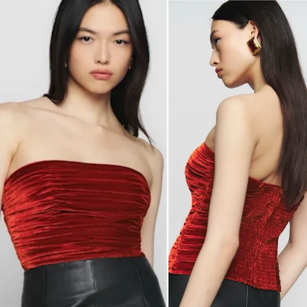 Reformation Addie Ruched Smocked Strapless Velvet Top in Blood Orange Size 4‎ - Image 2