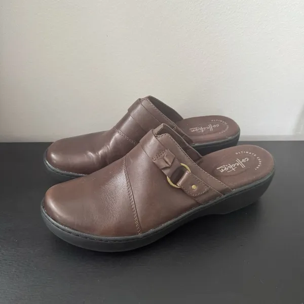Women's Clarks Delana‎ Misty Dark Brown Leather Mule Clogs Size 11 - Image 3