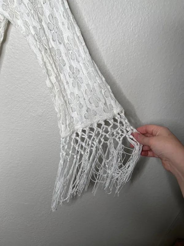 RAGA Boho White Floral Lace Open-Front Fringe Duster Cardigan Size Medium - Image 7