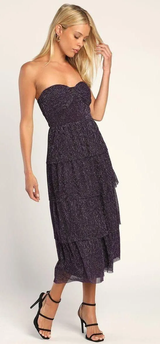 Lulus NWT Tier to Dance Purple Shiny Lurex Tiered Strapless Midi Dress - Image 3