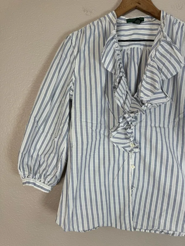 Ralph Lauren Jeans Company Cotton Striped Ruffle Blue White Blouse Medium - Image 2