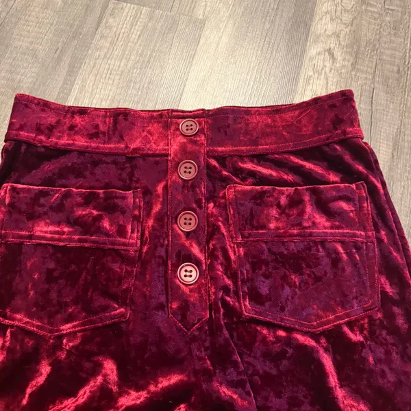 Halara Burgundy Crushed Velvet Flare Pants XS Button Front Stretch - Image 3