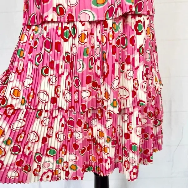 TCEC Pleated Tiered Circle Print Mini Dress Spaghetti Strap Pink Red White M - Image 6