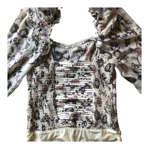 Free People NWT - - Brunch Date Floral Print Long Sleeve Bodysuit Ivory Combo -Size Small - Image 8
