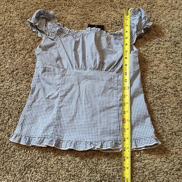 Brandy Melville Blue White Gingham Elara Button Front Ruffle Top One Size NWT - Image 5