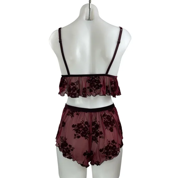 Auden Flocked Womens Red Black Floral Mesh Bralette & Mini Short Lingerie Sets S - Image 3