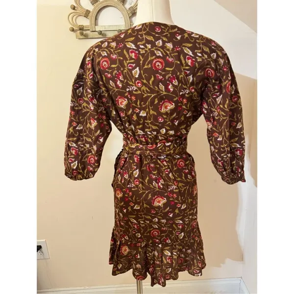 Madison Matthews Brown Autumn Leaves Wrap Mini Dress Ruffled S - Image 2