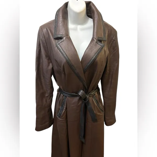 VTG Brown Leather Trench Coat Belted Contrast Trim Minimalist Chic Sz 16 Lined - Image 3
