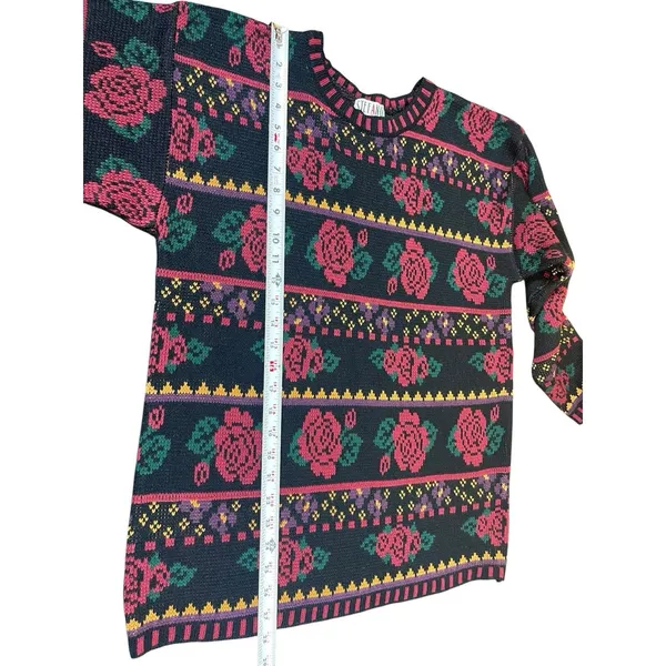 VTG 80s 90s Stefano International Black Rose Floral Knit Sweater Pullover M - Image 5