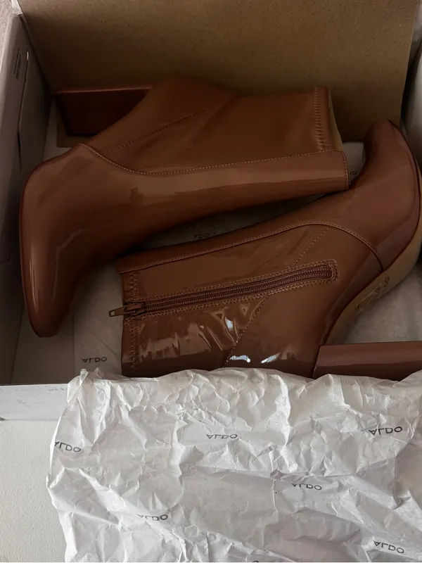 Patent Leather Nude Mid-Calf Block Heel Boots - Women - Image 10