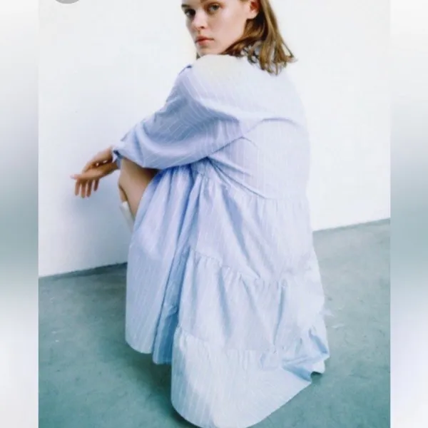 ZARA Blue Cotton Striped Long Sleeved Mini Shirt Dress S - Image 2