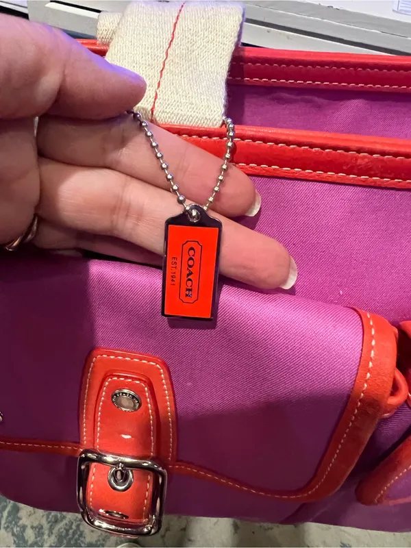 Vintage Coach Twill Garden Tote featuring a fuchsia/pink canvas orange trim - Image 3