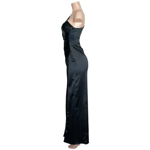 BHLDN Scottie One-Shoulder Side-Slit Stretch Satin Maxi Dress, Black, XS - Image 8