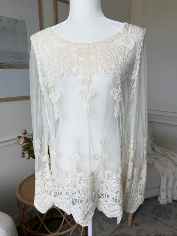 Rock & Roll Cowgirl Romantic Ivory Embroidered Lace Boho Tunic Western Top S - Image 2