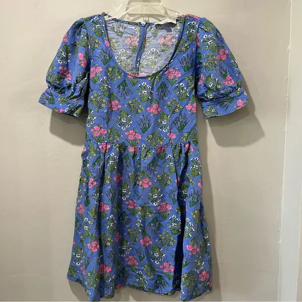 LOFT Women’s 2 Floral Babydoll Dress Blue Linen Blend Scoop‎ Neck Puff Sleeve - Image 4