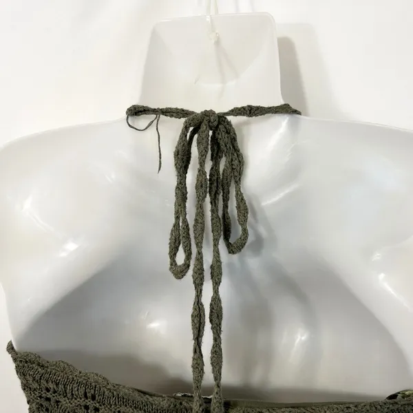Abercrombie & Fitch XS Halter‎ Top Y2K VTG Crochet Olive Green Cotton Boho 1421 - Image 9