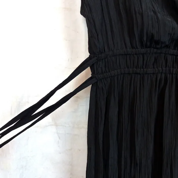 Zara Jumpsuit Womens M Black Sleeveless V-Neck Wrinkled Satin Effect Wide Legs - Image 7