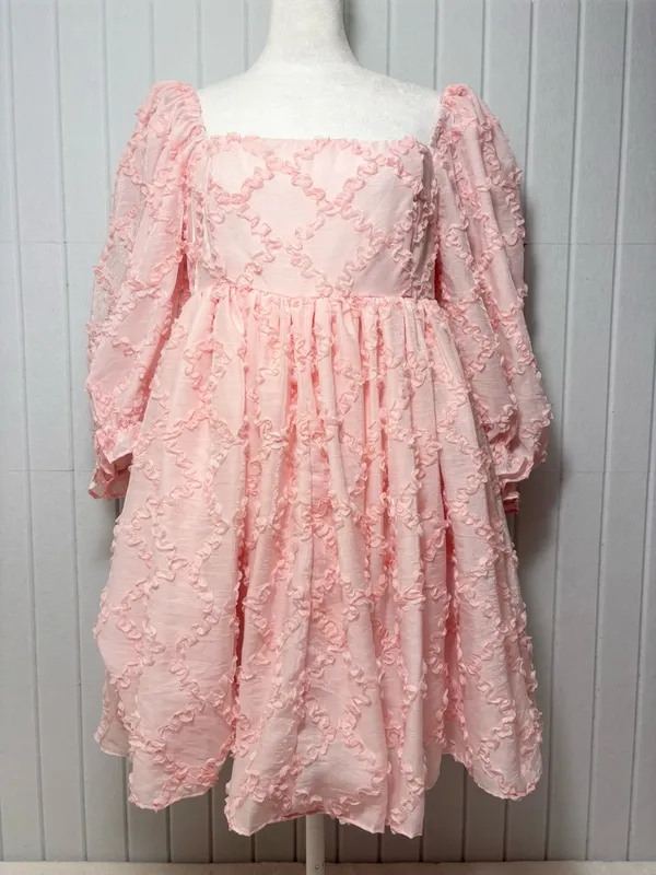 Mable Ribbon Textured Puff Sleeve Babydoll Mini Dress In Baby Pink‎ Size M - Image 2