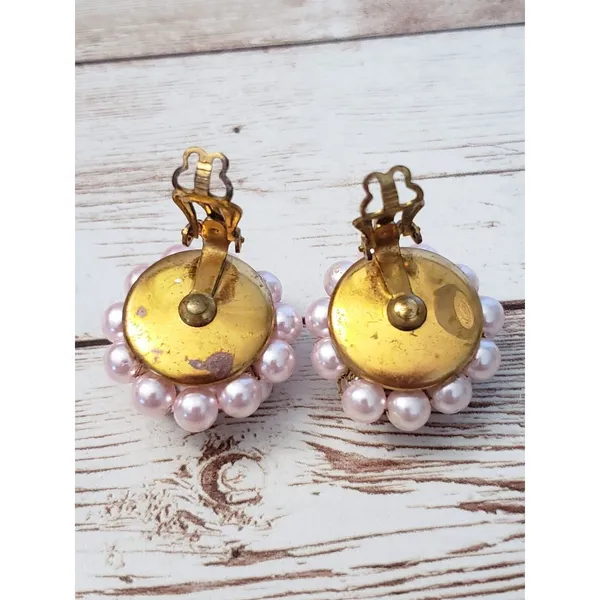 Vintage Clip On Earrings - Pink with Gold Tone Leaf Detail - Image 3