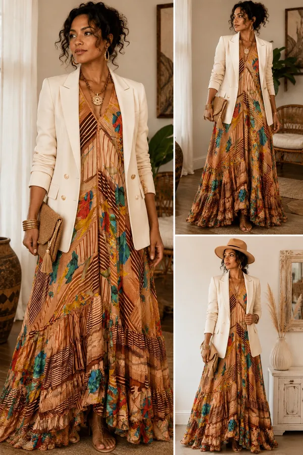 Indian Silk Bohemian Halter Maxi Dress - Image 2