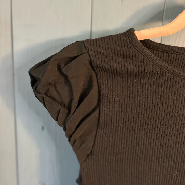J. Crew Black Short Sleeve Top with Puff Sleeves Ruffle Detail | Medium - Image 2
