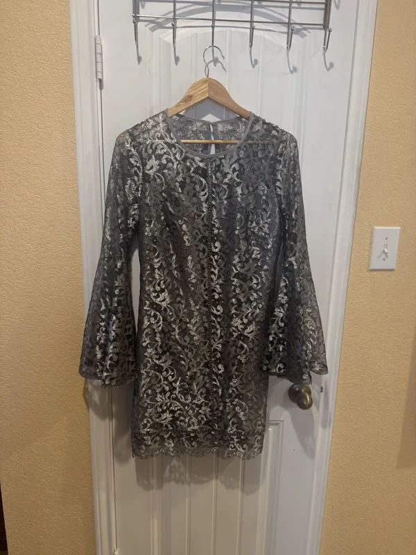 White House Black Market Size 8 Metallic Silver Bell Sleeve Dress - Image 2