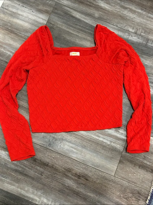 ANTHROPOLOGIE Maeve‎ Popcorn Long Sleeve Square Neck Red Tee Large - Image 4