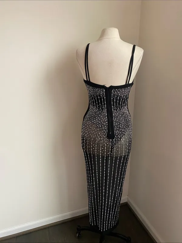Rhinestone Stretch Black Sheer Midi Dress Built in Bodysuit Womens Sz Large - Image 6