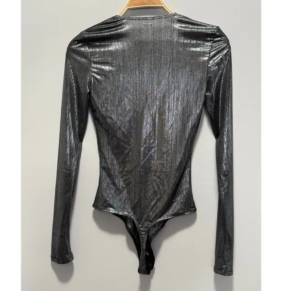 Alix NYC Irving Lamé Bodysuit Small Gunmetal Metallic Deep V-Neck Long Sleeve - Image 6