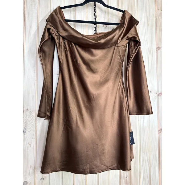 NWT Lulus Luxurious Vision Brown Satin Off-the-Shoulder Mini Dress Party Size L - Image 7