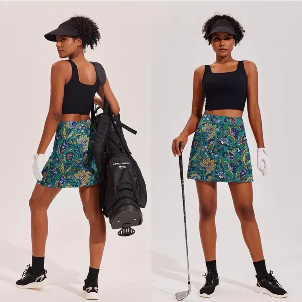 Ekouaer Women 16" Golf Skort Green Floral Paisley Tennis Skirt Pockets Large - Image 4