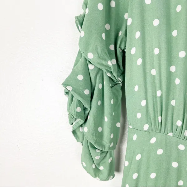 LULUS Green White Polka Dot Ruffled Sleeves Wrap Dress Size Medium Brunch - Image 5